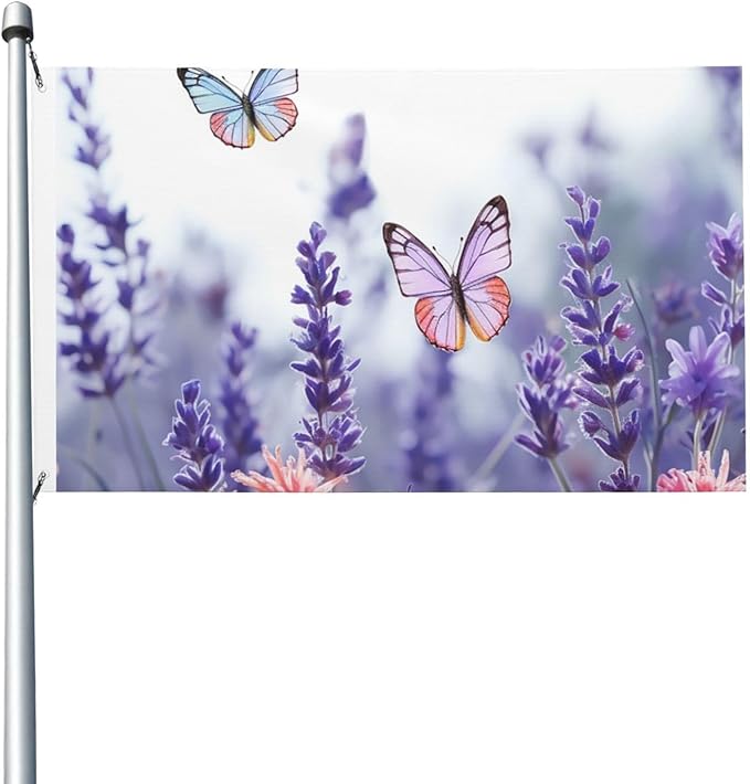 Lavender Flower Background with Butterflies Flag 3x5 Ft Outdoor Flags Double Sided Garden Flag Funny Outside Yard Flag Party Banner for Wall Art Hanging Poster Indoor Outdoor Decoration