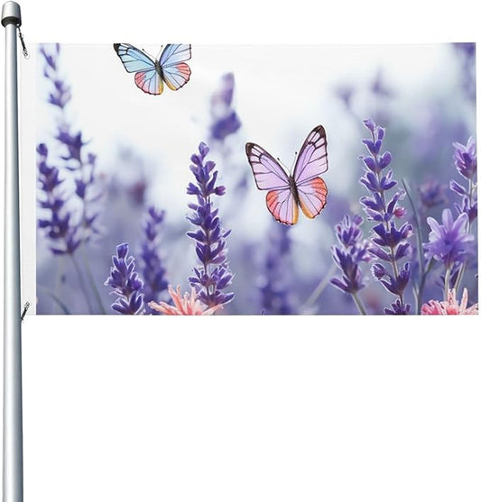 Lavender Flower Background with Butterflies Flag 3x5 Ft Outdoor Flags Double Sided Garden Flag Funny Outside Yard Flag Party Banner for Wall Art Hanging Poster Indoor Outdoor Decoration