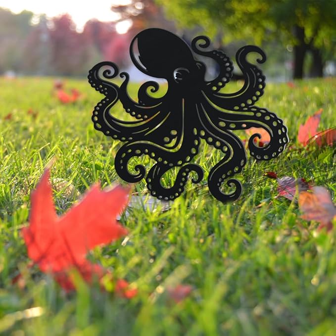 WADORN Octopus Metal Decorative Garden Stakes, Octopus Funny Metal Outdoor Statues Ocean Theme Silhouette Ornament Marine Life Gifts Animal Outdoor Stakes for Yard Garden Patio Lawn Walkway Ornaments