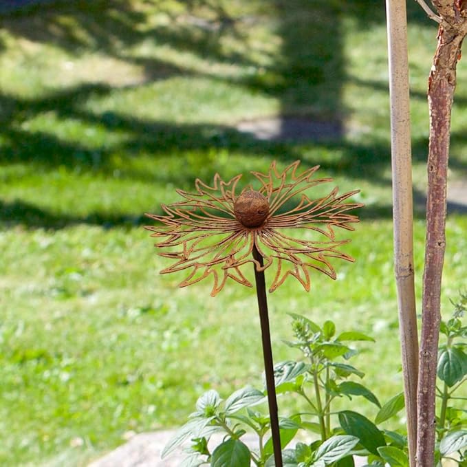 Vintage Rusty Cornflower Statue Stake 12 Inch Metal Artistic Wire Art Decor Rustic Garden Sculptures for Lawns Yard Patio Home Farmhouse Decorations (Rusty)