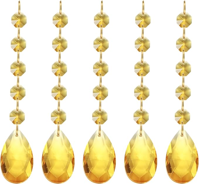 PATIKIL Teardrop Crystal Chandelier Pendants Beads, 5 Pack 135mm Length 38mm Chandelier Prisms Parts Ornaments Hanging Beads for DIY Arts Crafts Decoration, Gold Tone