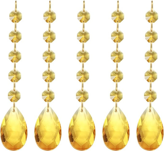PATIKIL Teardrop Crystal Chandelier Pendants Beads, 5 Pack 135mm Length 38mm Chandelier Prisms Parts Ornaments Hanging Beads for DIY Arts Crafts Decoration, Gold Tone