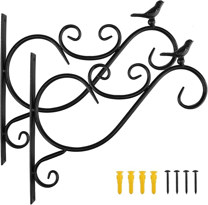 Lewondr Wall Hanging Plant Bracket, 2 Pack 12-inch Retro Iron Shepard Hook for Flower Bird Feeder Planter Indoor Outdoor, Bird 01 - Spray Paint Black