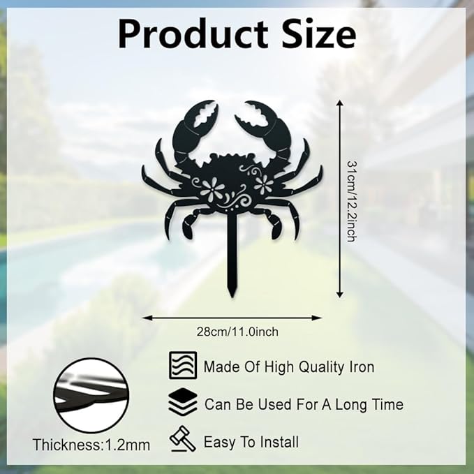 WADORN Crab Metal Decorative Garden Stakes, Funny Crab Sea Metal Silhouette Statues Ocean Animal Garden Ornament Gifts Black Yard Art Decoration for Outdoor Backyard Patio Lawn Walkways Pathway