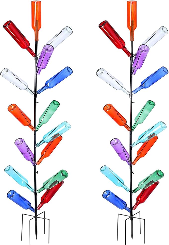 Hoolerry 2 Pcs Wine Bottle Tree Garden Outside Decor 5. 9 ft Wine Bottle Metal Tree Outdoor Decoration Colored Glass Bottle Holder Artificial Trees for Garden Yard Camping Party Decoration