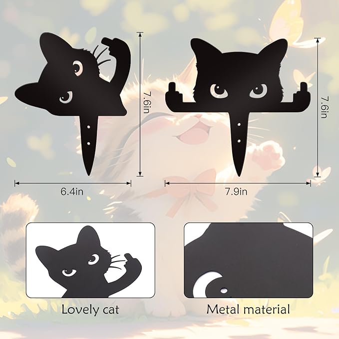 Bnesi 2 Pcs Black Cat Garden Sculptures Metal Fence Decorations Outdoor Decorations for Cat Lovers Black Metal Yard Art Lawn Ornaments Home Decor for Garden Yard Lawn (Funny)