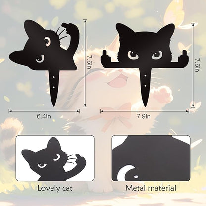 Bnesi 2 Pcs Black Cat Garden Sculptures Metal Fence Decorations Outdoor Decorations for Cat Lovers Black Metal Yard Art Lawn Ornaments Home Decor for Garden Yard Lawn (Funny)
