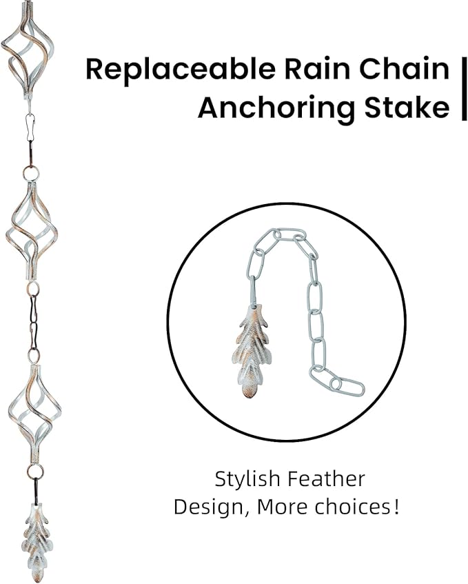 Rain Chain Bird Cage Set 8.5Ft, Not Rust Wrought Iron Rain Chains for Gutters with Adapter Gotta Drain and Sturdy Anchoring Stake,13 Birdcage, 1 Hook, Adjustable Length for Garden (Cyan)