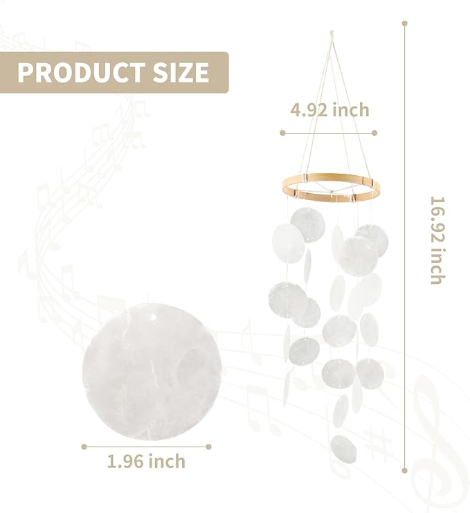 Handmade Capiz Wind Chimes for Outside, Outdoor Seashell Hanging Beach Coast Ocean Home Decorative, Unique Natural Shell Waterfall Windchimes for Summer Patio, Great Memorial Sympathy Gift（White