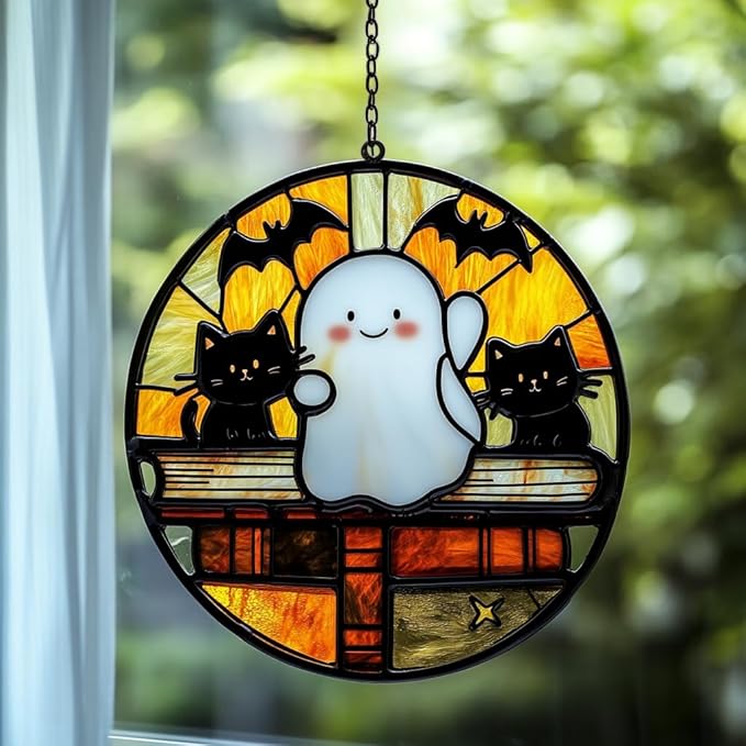 Funny Halloween Ghosts and Books Acrylic Suncatcher Stained Glass Effect Window Car Hanging Christmas Ornament Indoor Outdoor Decor Garden Sun Catcher Panel for Book Lover for Women Mom Grandma