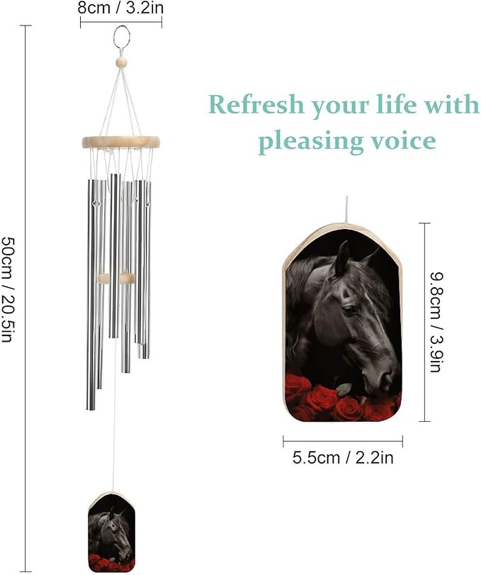 Wind Chimes for Outside,Red Rose and Black Horse Printed Cute Aluminium Windchimes Outdoors,Soothing Melodic Memorial Wind Chime for House Porch Patio Garden Balcony Decor