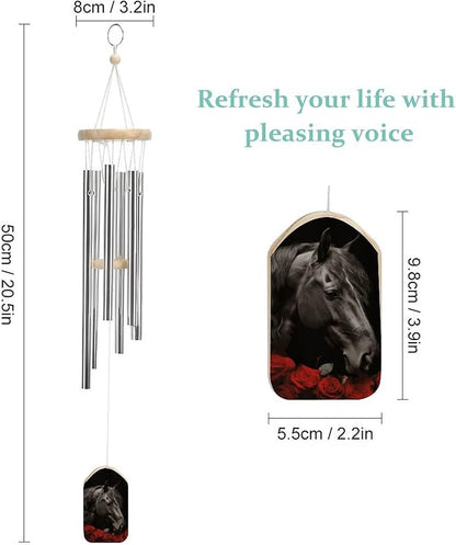 Wind Chimes for Outside,Red Rose and Black Horse Printed Cute Aluminium Windchimes Outdoors,Soothing Melodic Memorial Wind Chime for House Porch Patio Garden Balcony Decor