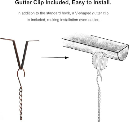Glitzhome 8.5 FT Rain Chains, Faux Copper Bowl and Bell Rain Chains for Gutters with 10 Cups, Adjustable Rain Catcher Chain with V-Shaped Gutter