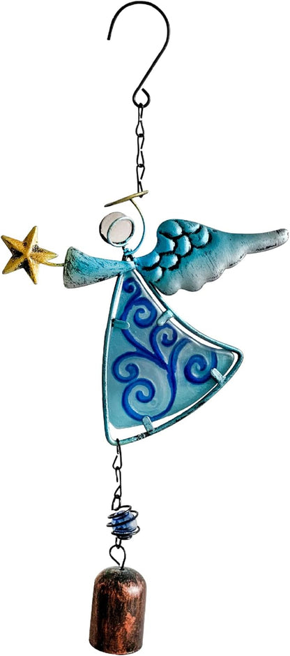 MrMrKura Metal Angel Wind Chime Hanging Decoration Ornament With Wing and Bell - Decorative Hanging Bells, Gifts for Home Garden Decor Crafts (Blue)