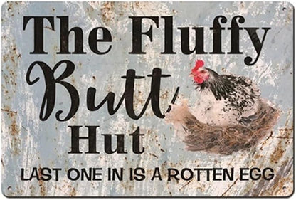 Renokes Funny Chicken Coop Sign Fluffy Hut Last One in is A Rotten Egg 12 inch x8 inch Chicken Metal Tin Sign Wall Plaque for Farm Decor Coop Rooster Decor Chicken Coop Decor