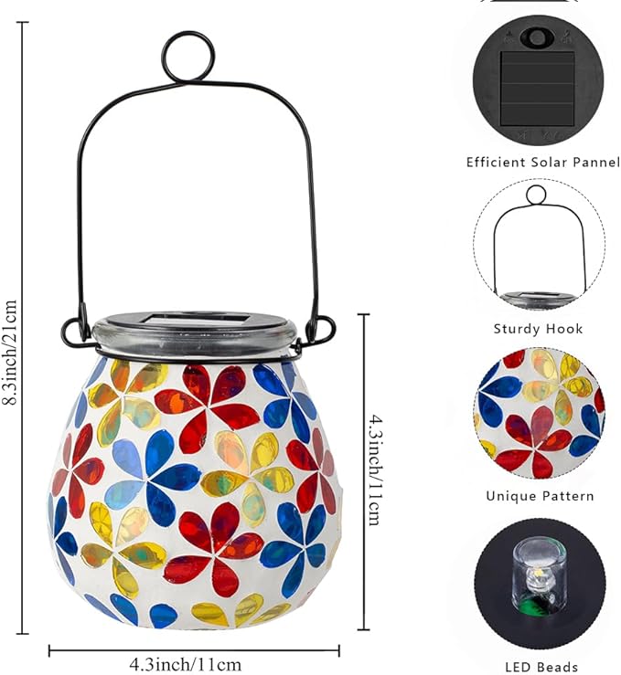 Stargarden 2Pack Mosaic Solar Lanterns, Glass Hanging Lantern Waterproof Outdoor Haning Lights Flower Decorative Table Lamp for Garden ,Patio,Yard Decor