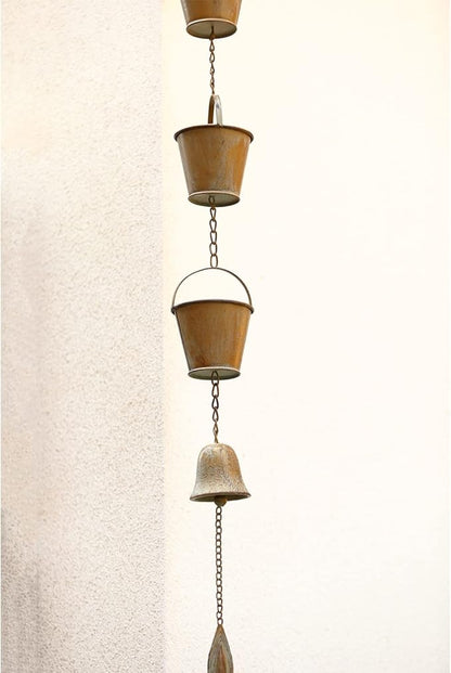 Jemeni 5 Ft Length Hanging Metal Rain Chime Decorative for Outdoor Garden, Watering Can & Buckets with Bell, Copper Patina…