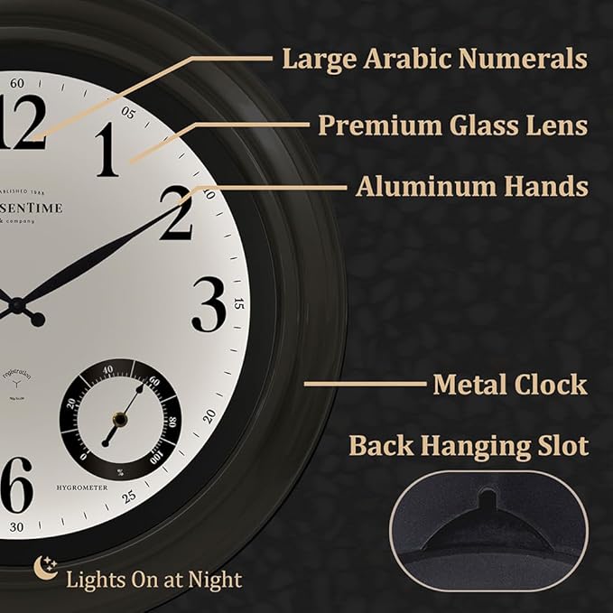 Presentime & Co 24" Jameson Illuminated in/Outdoor Clock, Modern Farmhouse, Self-Illuminated, Waterproof, Weather Station (Thermometer & Hygrometer), Metal Clock, Morning Silver. (Night Light)