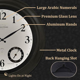 Presentime & Co 24" Jameson Illuminated in/Outdoor Clock, Modern Farmhouse, Self-Illuminated, Waterproof, Weather Station (Thermometer & Hygrometer), Metal Clock, Morning Silver. (Night Light)