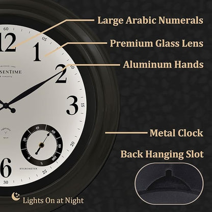 Presentime & Co 24" Jameson Illuminated in/Outdoor Clock, Modern Farmhouse, Self-Illuminated, Waterproof, Weather Station (Thermometer & Hygrometer), Metal Clock, Morning Silver. (Night Light)