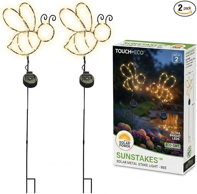 Touch Of ECO Outdoor Solar Powered LED Decorative Garden Stake Light - 2 Pack Warm White Bee Design - Great Decor for Yard, Patio, Lawn, Planter-Makes a Great Gift