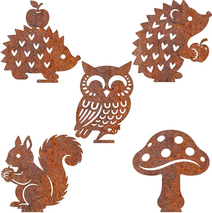5Pcs Metal Squirrel Garden Stake for Wall Fence Rusty Garden Art Hedgehog Owl Mushrooms Squirrel Pattern Durable Iron Yard Sculptures for Pathway Patio Lawn Ornaments Ground Insert Decor