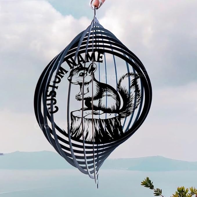 Personalized Squirrel Metal Wind Spinner, Custom Hanging Decoration for Outdoor Spaces, Kinetic Wildlife Ornament, Woodland Gift (Squirrel Garden Wind Spinner)