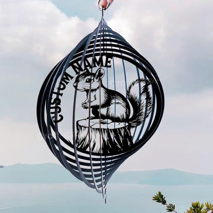 Personalized Squirrel Metal Wind Spinner, Custom Hanging Decoration for Outdoor Spaces, Kinetic Wildlife Ornament, Woodland Gift (Squirrel Garden Wind Spinner)