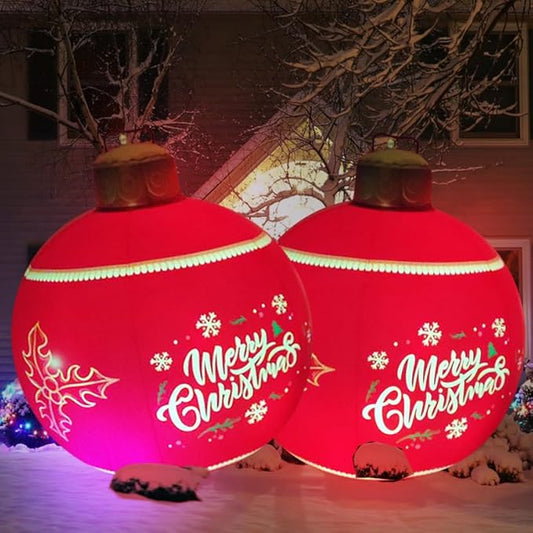 24 inch Inflatable Christmas Balls Ornaments, Christmas Decoration LED Lights with PVC, Giant Xmas Party Supplies, Garden Glow Up Balls with Remotes, Hanging Disco Balls Decor for Outdoor 2Red
