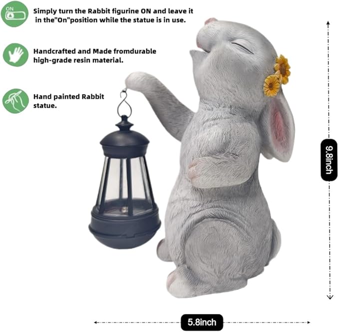 Garden Statue Solar Garden Decor Solar Rabbit with LED Light Outdoor Easter Decorations for Home, Patio, Yard,Lawn Ornaments Waterproof Resin Figurine Christmas Mother's Day Gifts（9.8 Inch）