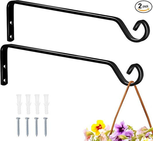 2pcs Wall Mounted Plant Hanger, Indoor/Outdoor Decorative Hook for Hanging Plants, Windchime, Baskets – Rustic Iron Plant Holder, Ideal Wall Décor, Ceiling Hooks for Indoor Garden- (12in black)