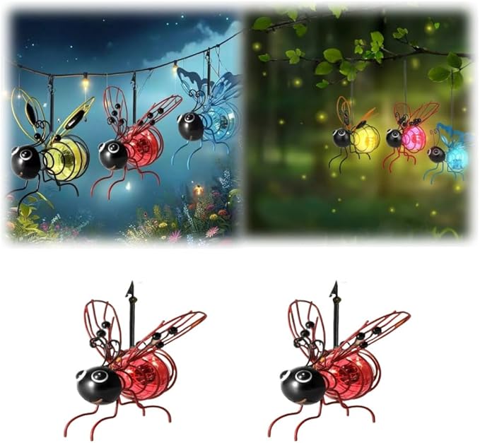 Solar Bees Lights Outdoor, Hanging Bee Solar Garden Light,2025 New Solars Bees Simulation Lights, Waterproof Bumble Bees Solars Light for Party Festivals Garden Decor Birthday Gifts (Red 2pcs)