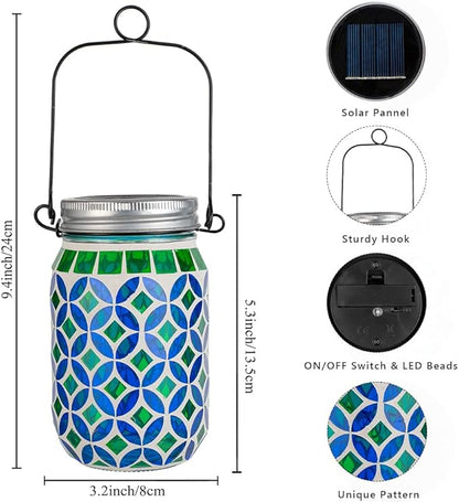 Stargarden 2 Pack Mosaic Solar Lantern , Outdoor Hanging Lantern Waterproof Table Lamp Mosaic Night Light for Tree, Garden, Patio, Yard, Outdoor(Blue Green)