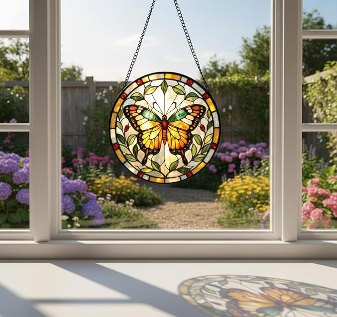 Butterfly Stained Glass Suncather for Window Hanging, 9'' Yellow Butterfly Ornament Gift for Women, Nature-Inspired Home Decor Gift for Mom, Grandma, Mother's Day (Yellow, 9'')
