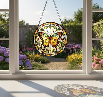 Butterfly Stained Glass Suncather for Window Hanging, 6.3'' Yellow Butterfly Ornament Gift for Women, Nature-Inspired Home Decor Gift for Mom, Grandma, Mother's Day (Yellow, 6.3'')
