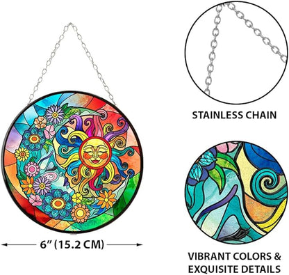 WIRESTER Stained Glass Suncatcher 6 Inch, Glass Panel with Metal Chain, Sun Catcher Window Hanging Ornament for Indoor Outdoor Wall Art Home Decoration - Colorful Sun and Moon