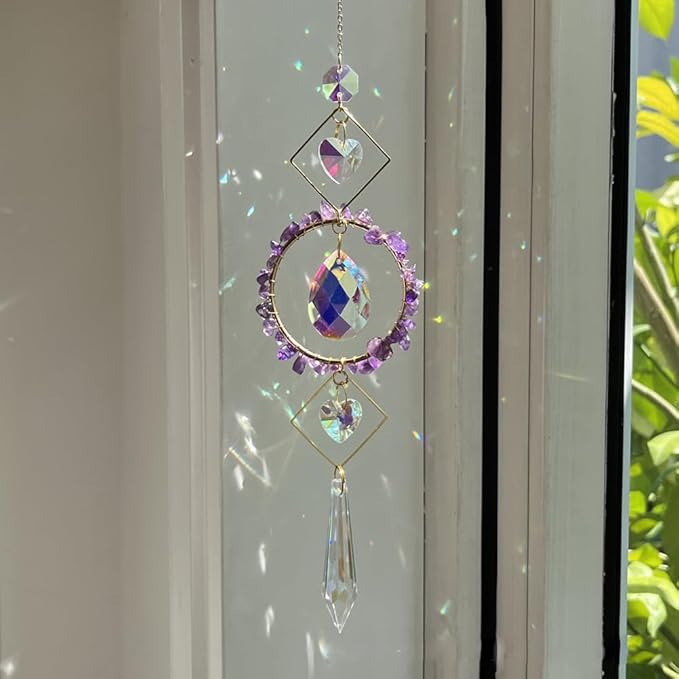 Crystal Suncatchers Window Hanging Wind Chime Natural Fluorite Amethyst Pendant Ornament,for Home, Garden Tree Plants, and Meditation Decor (Purple)