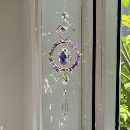Crystal Suncatchers Window Hanging Wind Chime Natural Fluorite Amethyst Pendant Ornament,for Home, Garden Tree Plants, and Meditation Decor (Purple)