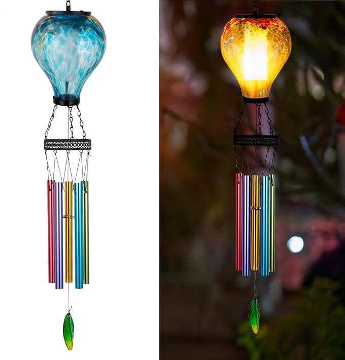 Starsoul Solar Wind Chimes for Outside, Sea Blue Hot Air Balloon Wind Chime with Flickering Flame, Outdoor Glass Windchimes Garden Decor, Gift for Mother's Day