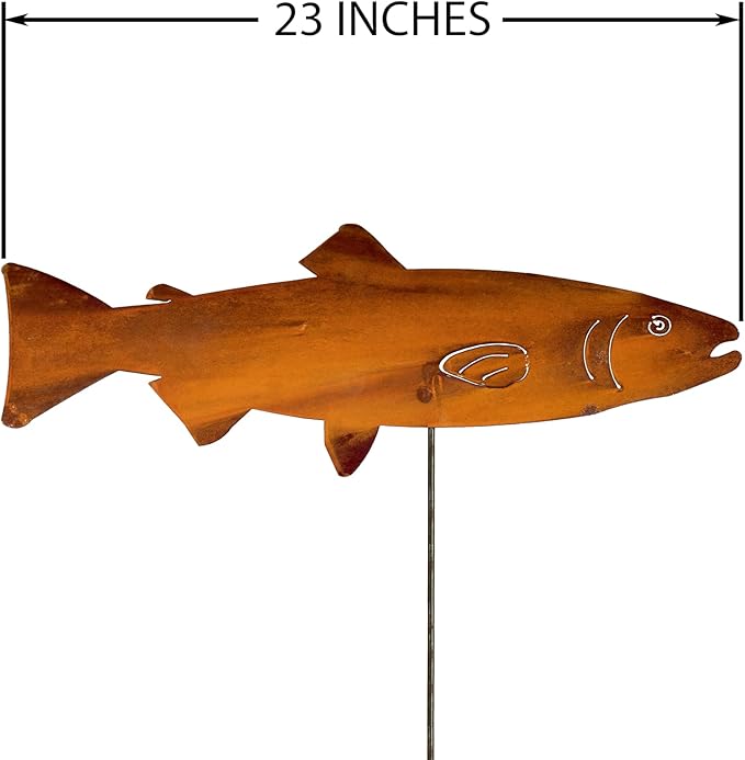 Swimming Trout Garden Stake Set of 3, Made in USA, Rusty Steel, Real Rust Finish (Large)