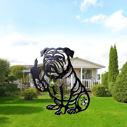 Funny Bulldog Metal Garden Decor Middle Finger Bulldog Dog, Large Garden Stakes Decorative Dogs Silhouette Statues for Yard Lawn Pathway Patio Ornaments (M 15"×20")