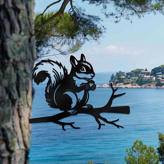 WADORN Squirrel on Branch Metal Yard Art Decor, Squirrel Stainless Steel Outdoor Tree Silhouette Stake for Tree Yard Garden Patio Animal Outdoor Decor Gift for Housewarming Home Art Decor
