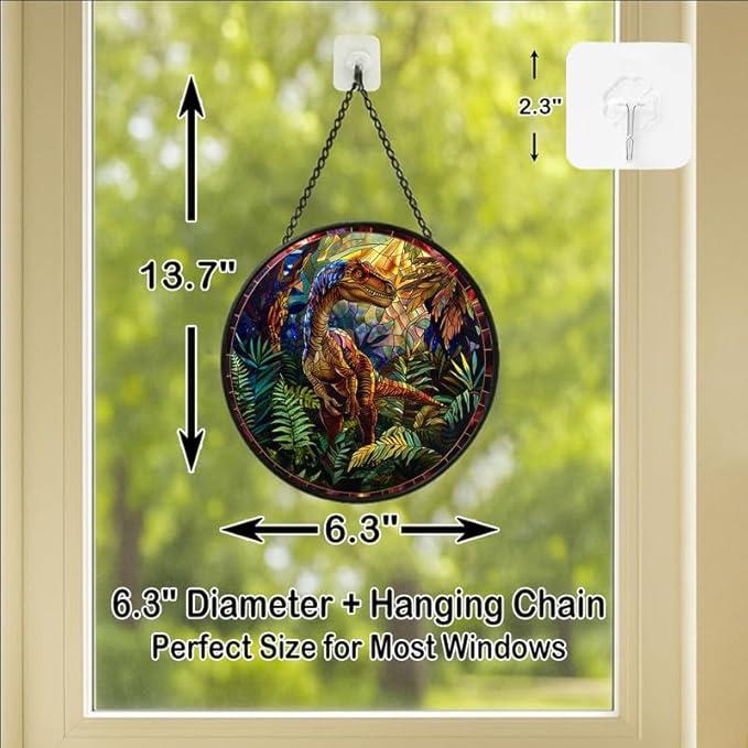 Stained Glass Window Hanging - Raptor Dinosaur in Jungle Scene Sun Catchers Indoor Stained Glass Panels Wall Decor for Mom Wife Lovers Festive