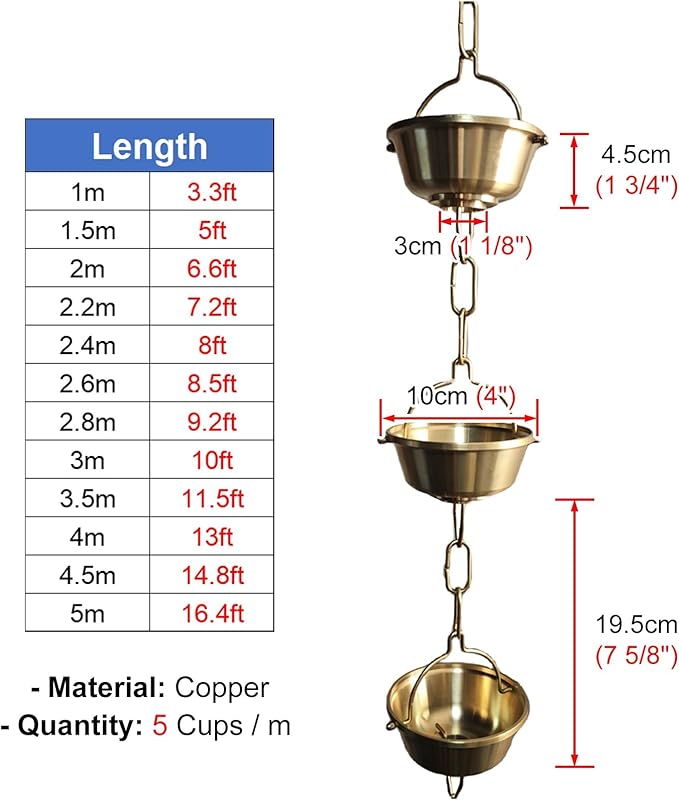 Outside Rain Catcher Chain Copper, House Roof Eaves Hanging Ornament, Gutter Downspout Replacement, Adjustable Length Rain Drain Link,4.5m (14.8ft)
