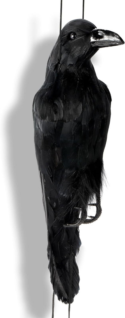 Noamus 17 Inches Realistic Hanging Dead Crow, Lifesize Extra Large Black Feathered Crow, Fake Decoy Raven for Garden Halloween Decorations Birds, Artificial Handmade, Model, Party Props