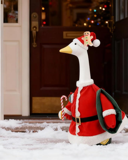 Christmas Porch Goose Outfit, 23" Cement or Plastic Goose Statue Costume, Porch Goose Outfits for Patio, Yard & Garden, Cozy Holiday Décor Adds Cheer with Cute Christmas Hat
