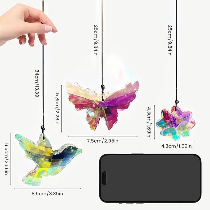 SNAIL GARDEN 3PCS Crystal Prism Suncatcher - Butterfly, Bird & Lucky Four-Leaf Clover, 1.69-3.35in Sun Catcher Crystals, Hanging Crystals for Windows, Patio, Yard, Home Garden