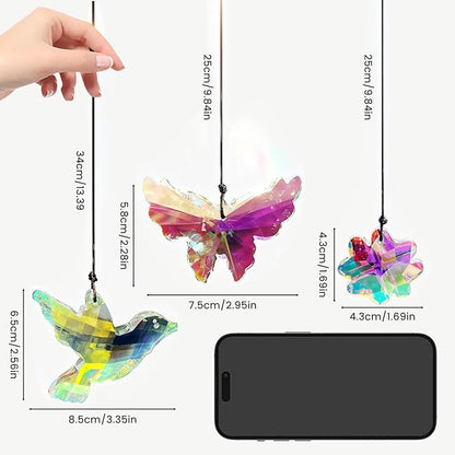 SNAIL GARDEN 3PCS Crystal Prism Suncatcher - Butterfly, Bird & Lucky Four-Leaf Clover, 1.69-3.35in Sun Catcher Crystals, Hanging Crystals for Windows, Patio, Yard, Home Garden