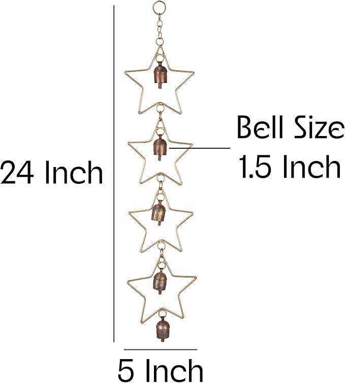 Star Wind Chime Outdoor Hanging – Rustic Metal Yard Decor Accent | Garden Decor for Outside | Windchimes Outdoors Sculpture | Boho Porch Chimes with 5 Bells for Balcony Entryway Meditation Space