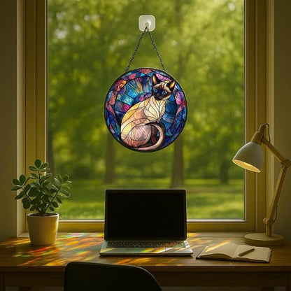 Stained Glass Window Hanging - Halloween Siamese Cat， 7.8in Sun Catchers Panel for Indoor Decorative Display for Mom， Wife， Lovers， Festive